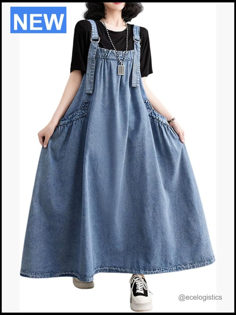 Women's Loose Denim Jumper Dress Sleeveless Adjustable Straps Pockets